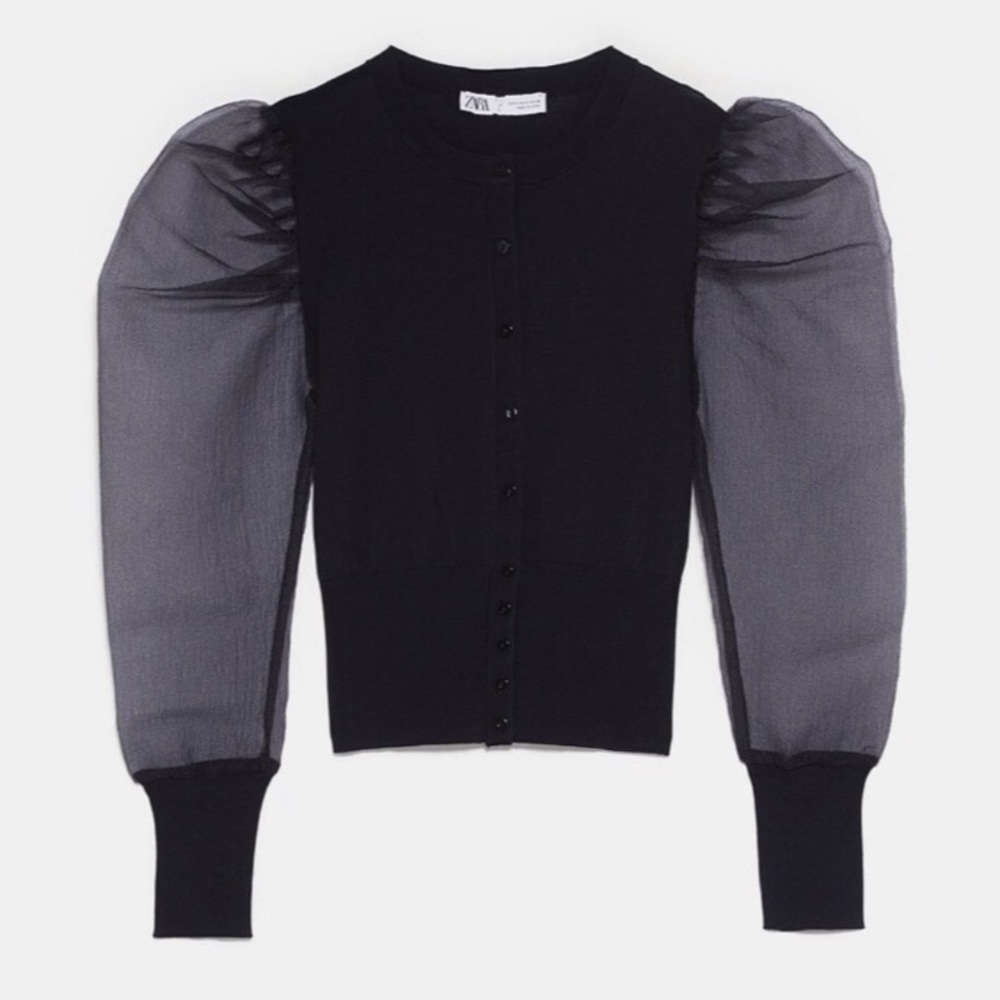 ZARA Knit Cardigan With Organza Sleeves